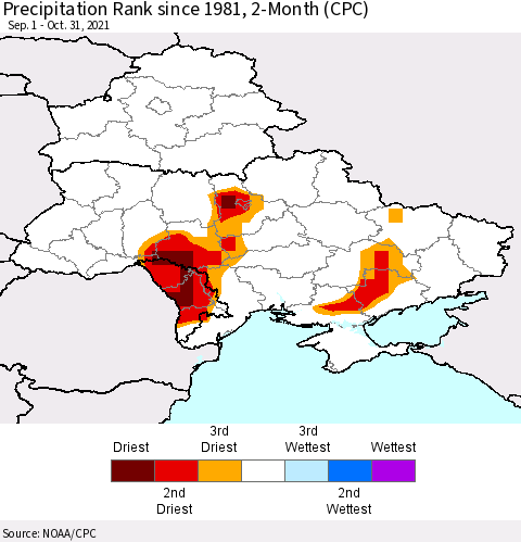Ukraine, Moldova and Belarus Precipitation Rank since 1981, 2-Month (CPC) Thematic Map For 9/1/2021 - 10/31/2021