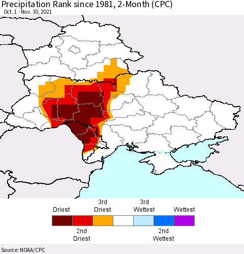 Ukraine, Moldova and Belarus Precipitation Rank since 1981, 2-Month (CPC) Thematic Map For 10/1/2021 - 11/30/2021
