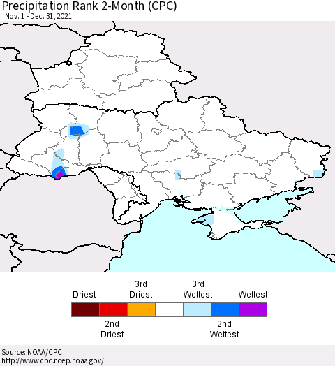 Ukraine, Moldova and Belarus Precipitation Rank since 1981, 2-Month (CPC) Thematic Map For 11/1/2021 - 12/31/2021