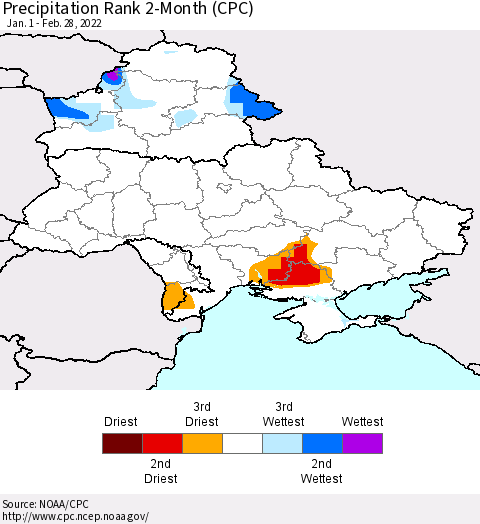 Ukraine, Moldova and Belarus Precipitation Rank 2-Month (CPC) Thematic Map For 1/1/2022 - 2/28/2022