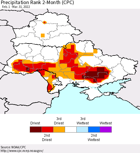 Ukraine, Moldova and Belarus Precipitation Rank since 1981, 2-Month (CPC) Thematic Map For 2/1/2022 - 3/31/2022