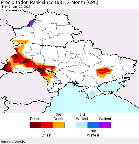 Ukraine, Moldova and Belarus Precipitation Rank since 1981, 2-Month (CPC) Thematic Map For 5/1/2022 - 6/30/2022