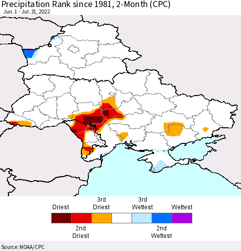 Ukraine, Moldova and Belarus Precipitation Rank since 1981, 2-Month (CPC) Thematic Map For 6/1/2022 - 7/31/2022