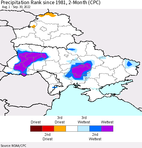 Ukraine, Moldova and Belarus Precipitation Rank since 1981, 2-Month (CPC) Thematic Map For 8/1/2022 - 9/30/2022