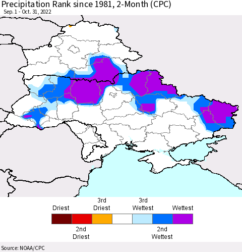 Ukraine, Moldova and Belarus Precipitation Rank since 1981, 2-Month (CPC) Thematic Map For 9/1/2022 - 10/31/2022