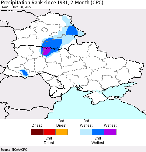 Ukraine, Moldova and Belarus Precipitation Rank since 1981, 2-Month (CPC) Thematic Map For 11/1/2022 - 12/31/2022
