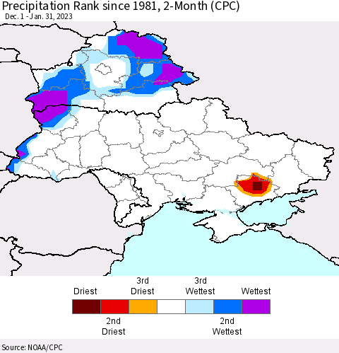 Ukraine, Moldova and Belarus Precipitation Rank since 1981, 2-Month (CPC) Thematic Map For 12/1/2022 - 1/31/2023