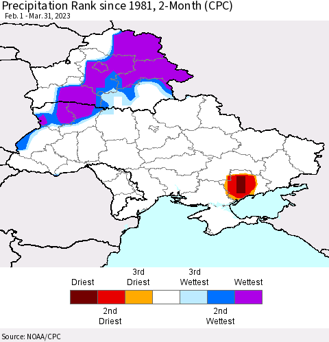 Ukraine, Moldova and Belarus Precipitation Rank since 1981, 2-Month (CPC) Thematic Map For 2/1/2023 - 3/31/2023
