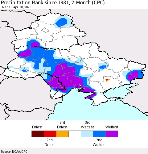 Ukraine, Moldova and Belarus Precipitation Rank since 1981, 2-Month (CPC) Thematic Map For 3/1/2023 - 4/30/2023