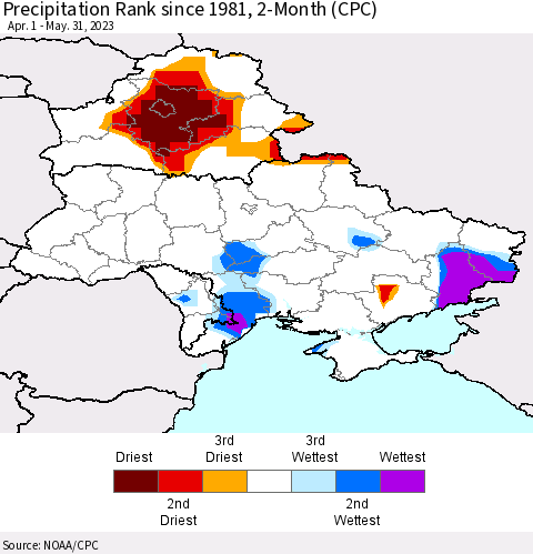 Ukraine, Moldova and Belarus Precipitation Rank since 1981, 2-Month (CPC) Thematic Map For 4/1/2023 - 5/31/2023
