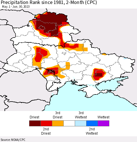 Ukraine, Moldova and Belarus Precipitation Rank since 1981, 2-Month (CPC) Thematic Map For 5/1/2023 - 6/30/2023