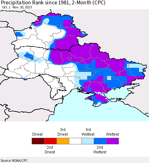 Ukraine, Moldova and Belarus Precipitation Rank since 1981, 2-Month (CPC) Thematic Map For 10/1/2023 - 11/30/2023