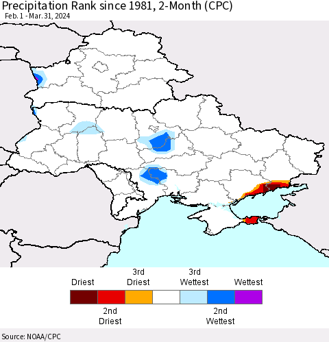 Ukraine, Moldova and Belarus Precipitation Rank since 1981, 2-Month (CPC) Thematic Map For 2/1/2024 - 3/31/2024