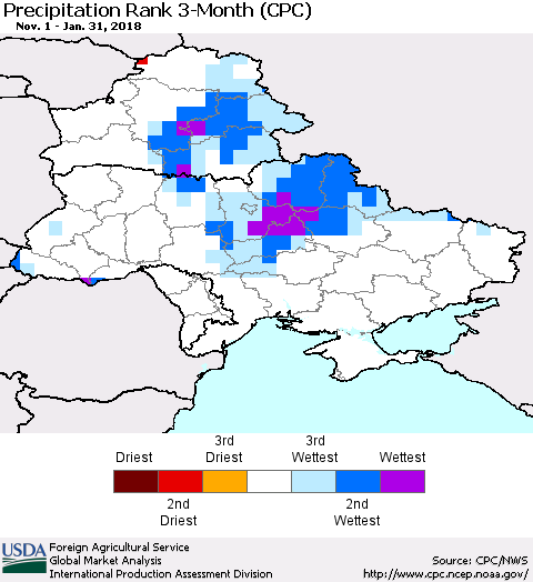 Ukraine, Moldova and Belarus Precipitation Rank since 1981, 3-Month (CPC) Thematic Map For 11/1/2017 - 1/31/2018