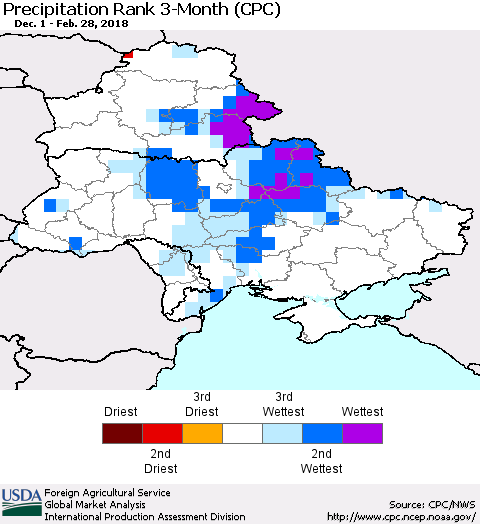 Ukraine, Moldova and Belarus Precipitation Rank since 1981, 3-Month (CPC) Thematic Map For 12/1/2017 - 2/28/2018