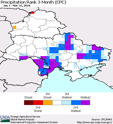 Ukraine, Moldova and Belarus Precipitation Rank since 1981, 3-Month (CPC) Thematic Map For 1/1/2018 - 3/31/2018