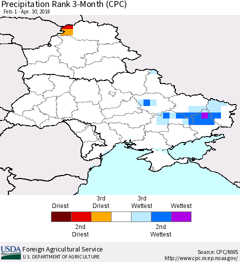 Ukraine, Moldova and Belarus Precipitation Rank since 1981, 3-Month (CPC) Thematic Map For 2/1/2018 - 4/30/2018