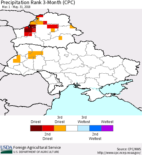 Ukraine, Moldova and Belarus Precipitation Rank since 1981, 3-Month (CPC) Thematic Map For 3/1/2018 - 5/31/2018