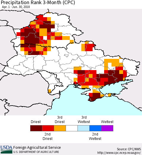 Ukraine, Moldova and Belarus Precipitation Rank since 1981, 3-Month (CPC) Thematic Map For 4/1/2018 - 6/30/2018