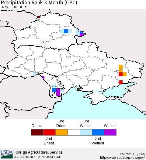 Ukraine, Moldova and Belarus Precipitation Rank since 1981, 3-Month (CPC) Thematic Map For 5/1/2018 - 7/31/2018