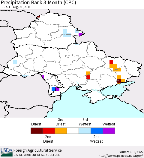 Ukraine, Moldova and Belarus Precipitation Rank since 1981, 3-Month (CPC) Thematic Map For 6/1/2018 - 8/31/2018