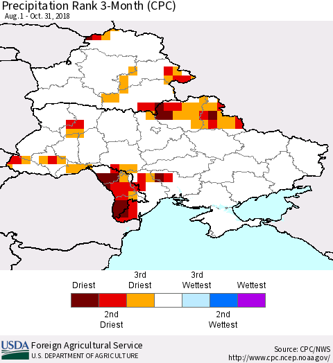 Ukraine, Moldova and Belarus Precipitation Rank since 1981, 3-Month (CPC) Thematic Map For 8/1/2018 - 10/31/2018