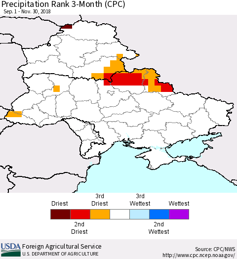 Ukraine, Moldova and Belarus Precipitation Rank 3-Month (CPC) Thematic Map For 9/1/2018 - 11/30/2018