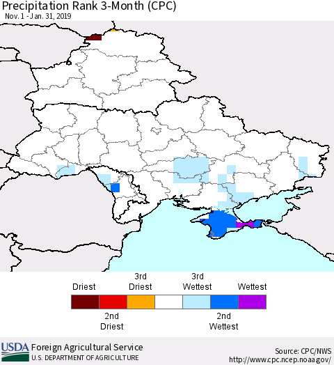 Ukraine, Moldova and Belarus Precipitation Rank 3-Month (CPC) Thematic Map For 11/1/2018 - 1/31/2019