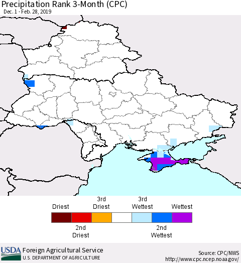 Ukraine, Moldova and Belarus Precipitation Rank 3-Month (CPC) Thematic Map For 12/1/2018 - 2/28/2019