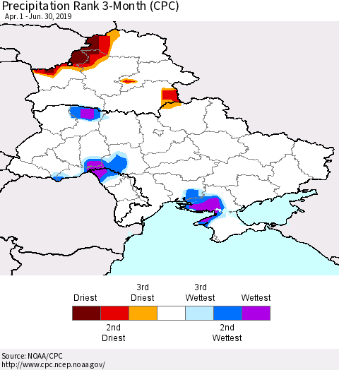 Ukraine, Moldova and Belarus Precipitation Rank 3-Month (CPC) Thematic Map For 4/1/2019 - 6/30/2019