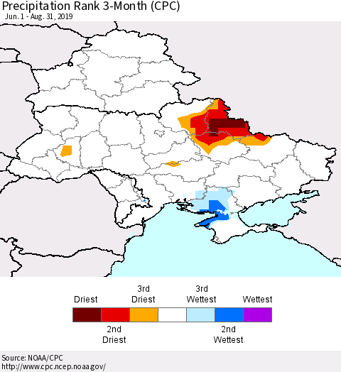 Ukraine, Moldova and Belarus Precipitation Rank 3-Month (CPC) Thematic Map For 6/1/2019 - 8/31/2019