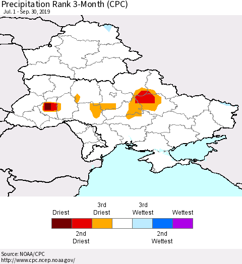 Ukraine, Moldova and Belarus Precipitation Rank 3-Month (CPC) Thematic Map For 7/1/2019 - 9/30/2019