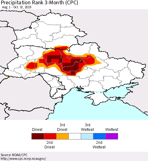 Ukraine, Moldova and Belarus Precipitation Rank 3-Month (CPC) Thematic Map For 8/1/2019 - 10/31/2019