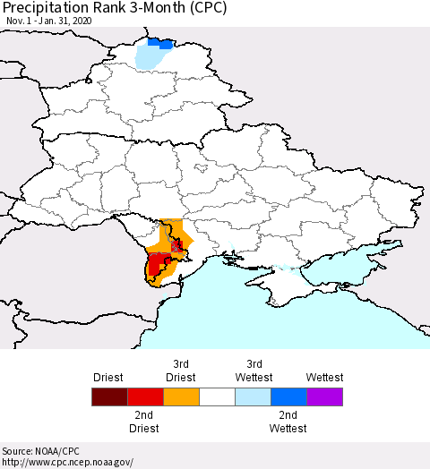 Ukraine, Moldova and Belarus Precipitation Rank 3-Month (CPC) Thematic Map For 11/1/2019 - 1/31/2020