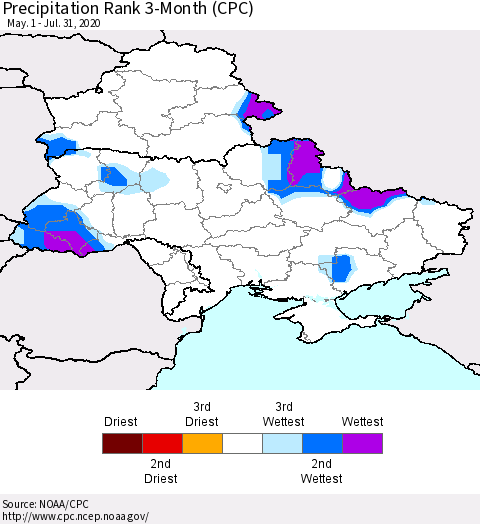 Ukraine, Moldova and Belarus Precipitation Rank 3-Month (CPC) Thematic Map For 5/1/2020 - 7/31/2020