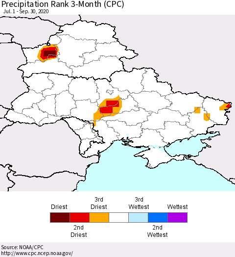 Ukraine, Moldova and Belarus Precipitation Rank since 1981, 3-Month (CPC) Thematic Map For 7/1/2020 - 9/30/2020