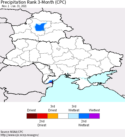 Ukraine, Moldova and Belarus Precipitation Rank 3-Month (CPC) Thematic Map For 11/1/2020 - 1/31/2021