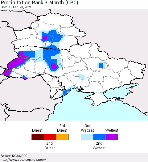 Ukraine, Moldova and Belarus Precipitation Rank since 1981, 3-Month (CPC) Thematic Map For 12/1/2020 - 2/28/2021