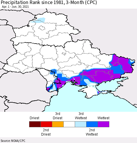 Ukraine, Moldova and Belarus Precipitation Rank since 1981, 3-Month (CPC) Thematic Map For 4/1/2021 - 6/30/2021