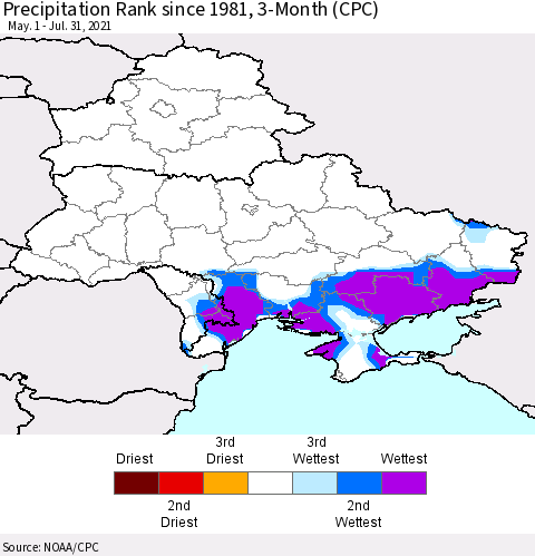 Ukraine, Moldova and Belarus Precipitation Rank since 1981, 3-Month (CPC) Thematic Map For 5/1/2021 - 7/31/2021