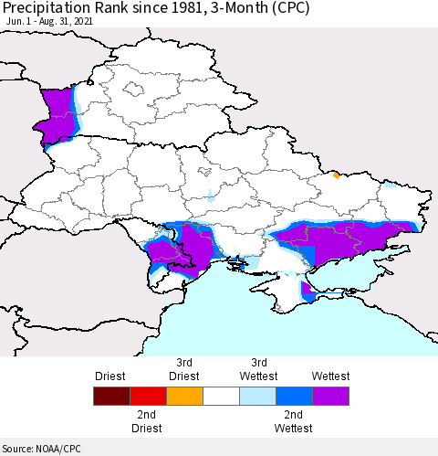 Ukraine, Moldova and Belarus Precipitation Rank since 1981, 3-Month (CPC) Thematic Map For 6/1/2021 - 8/31/2021