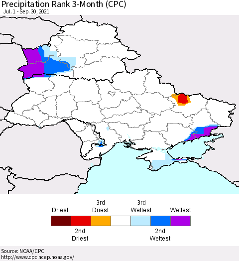 Ukraine, Moldova and Belarus Precipitation Rank since 1981, 3-Month (CPC) Thematic Map For 7/1/2021 - 9/30/2021