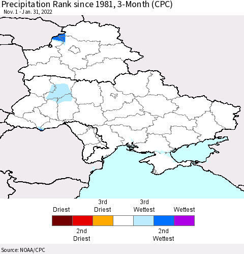Ukraine, Moldova and Belarus Precipitation Rank since 1981, 3-Month (CPC) Thematic Map For 11/1/2021 - 1/31/2022