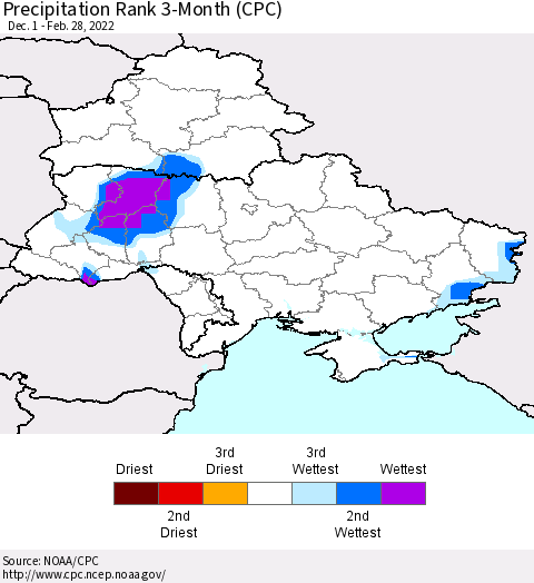 Ukraine, Moldova and Belarus Precipitation Rank since 1981, 3-Month (CPC) Thematic Map For 12/1/2021 - 2/28/2022