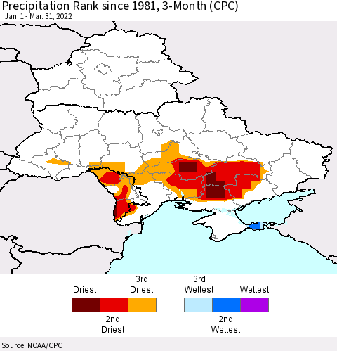 Ukraine, Moldova and Belarus Precipitation Rank 3-Month (CPC) Thematic Map For 1/1/2022 - 3/31/2022