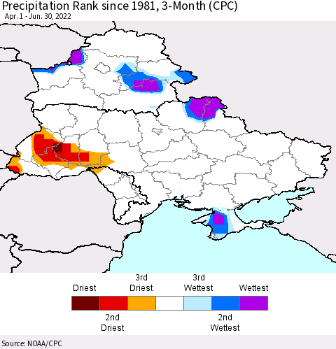 Ukraine, Moldova and Belarus Precipitation Rank since 1981, 3-Month (CPC) Thematic Map For 4/1/2022 - 6/30/2022