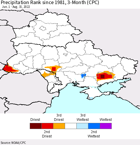 Ukraine, Moldova and Belarus Precipitation Rank since 1981, 3-Month (CPC) Thematic Map For 6/1/2022 - 8/31/2022