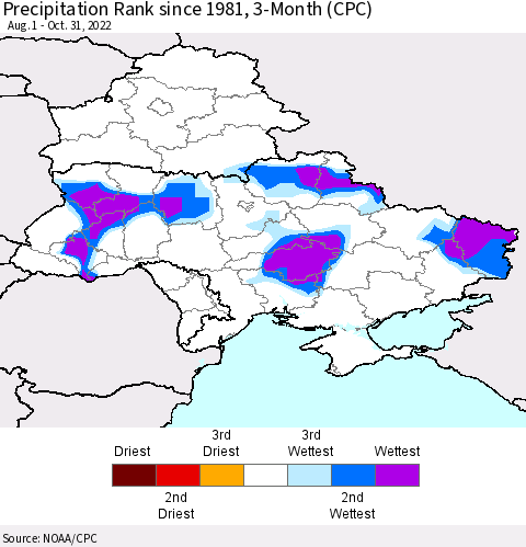 Ukraine, Moldova and Belarus Precipitation Rank 3-Month (CPC) Thematic Map For 8/1/2022 - 10/31/2022