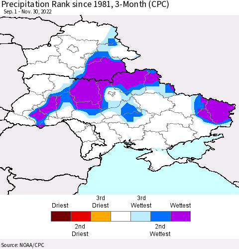 Ukraine, Moldova and Belarus Precipitation Rank 3-Month (CPC) Thematic Map For 9/1/2022 - 11/30/2022