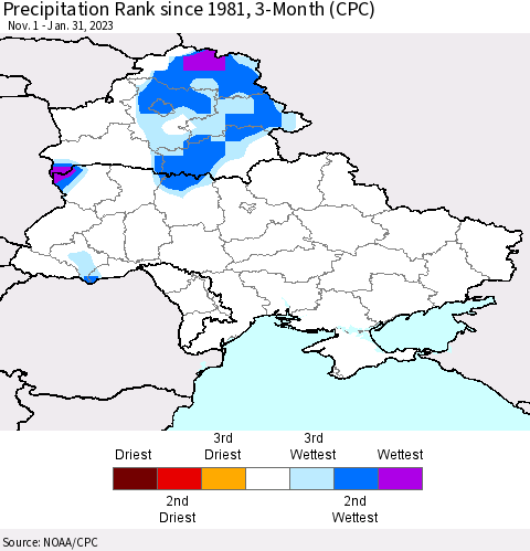 Ukraine, Moldova and Belarus Precipitation Rank since 1981, 3-Month (CPC) Thematic Map For 11/1/2022 - 1/31/2023